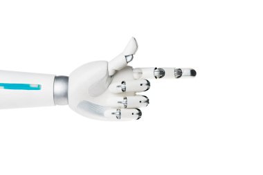 beyaz izole bir şey üzerinde gösteren bir robot el