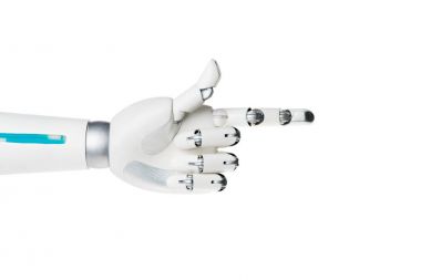 robot hand pointing on something isolated on white clipart