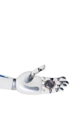 robot el gri bitcoin beyaz izole tutarak