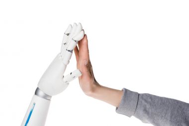 cropped shot of robot and human making high five isolated on white