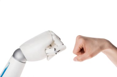 cropped shot of robot and human making bro fist gesture isolated on white clipart