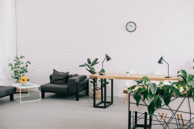 İç modern Ofis mobilya, bitkiler ve duvar saati 