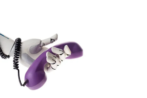 Robot Hand Holding Violet Stationary Telephone Handset Isolated White — Stock Photo, Image