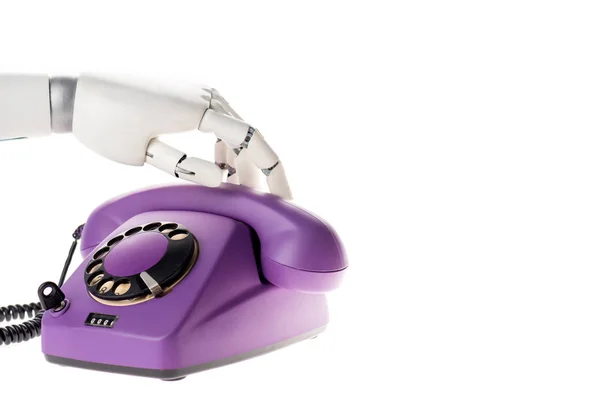 Robot Hand Touching Ultra Violet Retro Stationary Telephone Isolated White — Stock Photo, Image