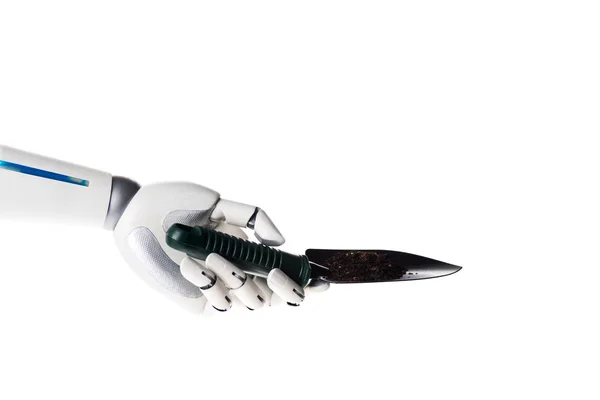 Robot Hand Holding Garden Shovel Isolated White — Free Stock Photo