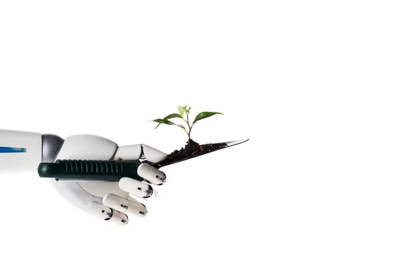 Robot Ręka Trzyma Ogród Łopata Gleby Roślin Zielonych Białym Tle — Zdjęcie stockowe