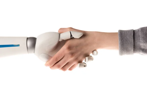 Cropped Image Robot Woman Shaking Hands Isolated White — Stock Photo, Image