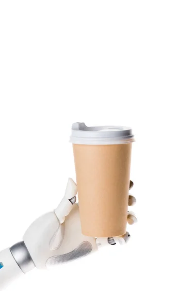 Robot Mano Tenendo Tazza Caffè Usa Getta Isolato Bianco — Foto Stock