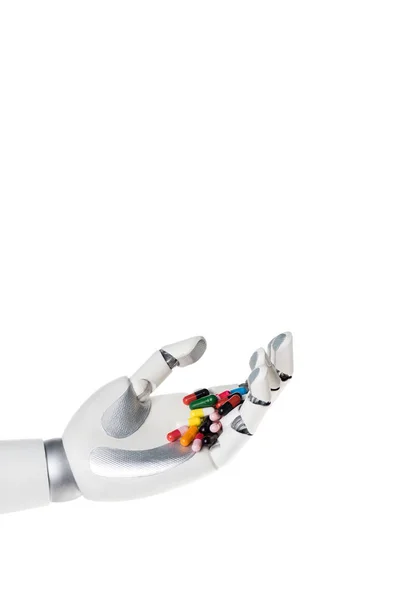 Robot Mano Tenendo Pillole Isolate Bianco — Foto Stock