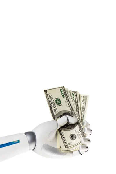 Robot Hand Holding Dollar Banknotes Isolated White — Stock Photo, Image