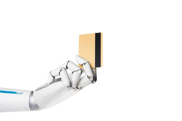 Robô Mão Segurando Cartão Crédito Isolado Branco — Fotografia de Stock