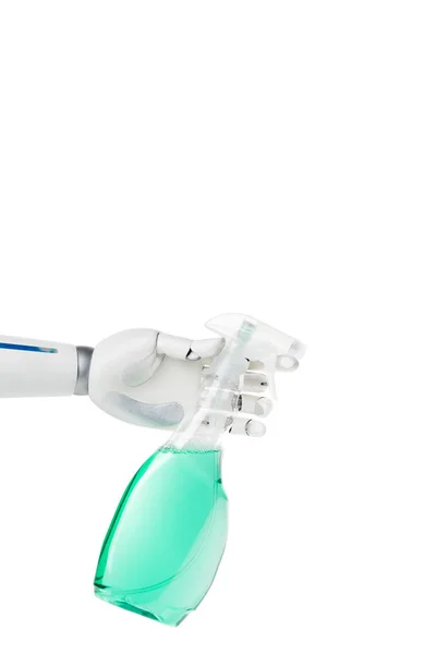 Robot Hand Holding Spray Bottle Cleaning Isolated White — Free Stock Photo