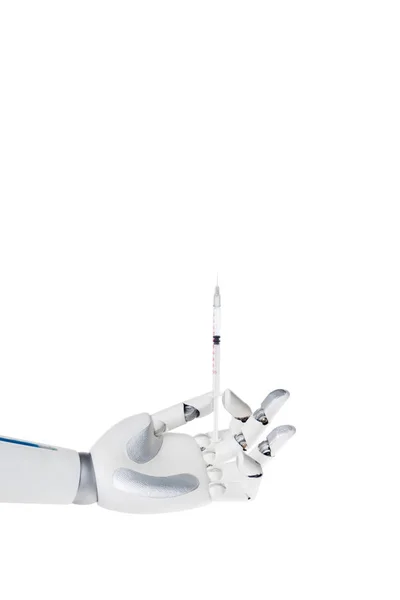 Robot Hand Met Spuit Voor Injectie Geïsoleerd Wit — Stockfoto