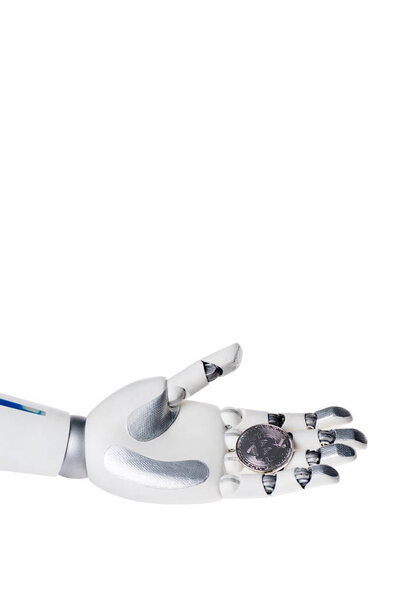 robot hand holding grey bitcoin isolated on white