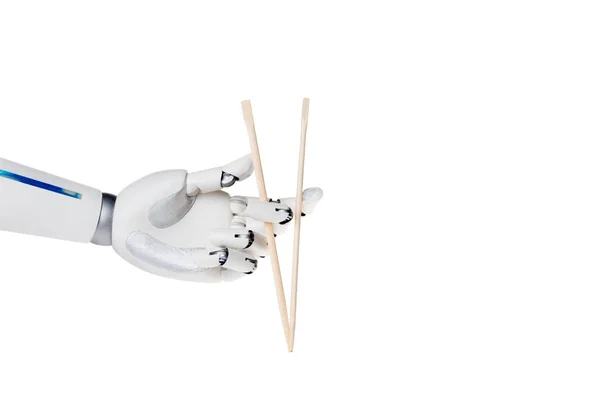 Roboterhand Hält Essstäbchen Isoliert Auf Weiß — Stockfoto