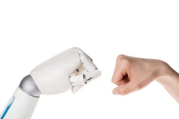 Cropped Shot Robot Human Making Bro Fist Gesture Isolated White — Stock Photo, Image