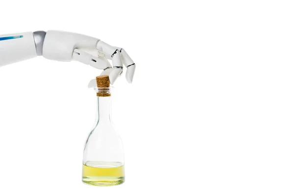 Bijgesneden Schot Van Robot Met Fles Olijfolie Geïsoleerd Wit — Stockfoto