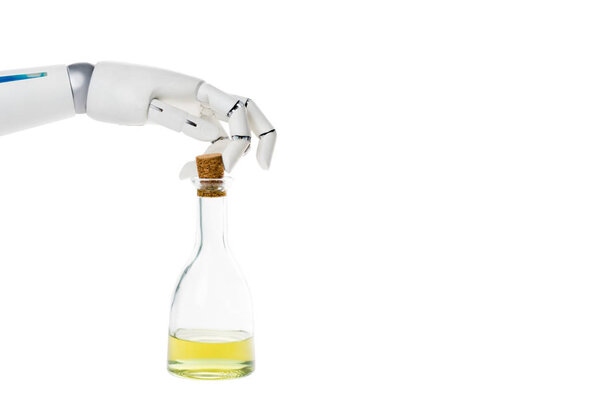 cropped shot of robot with bottle of olive oil isolated on white