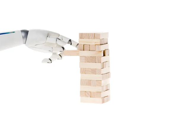 Cropped Shot Robot Deconstructing Blocks Tower Isolated White — Stock Photo, Image