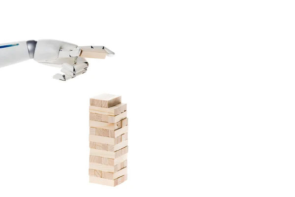 Kırpılan Atış Beyaz Izole Blokları Kule Oyun Oynayan Robot — Stok fotoğraf
