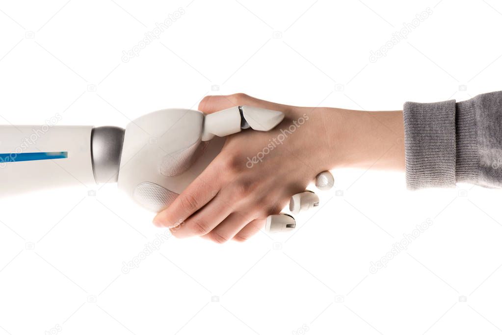 cropped image of robot and woman shaking hands isolated on white
