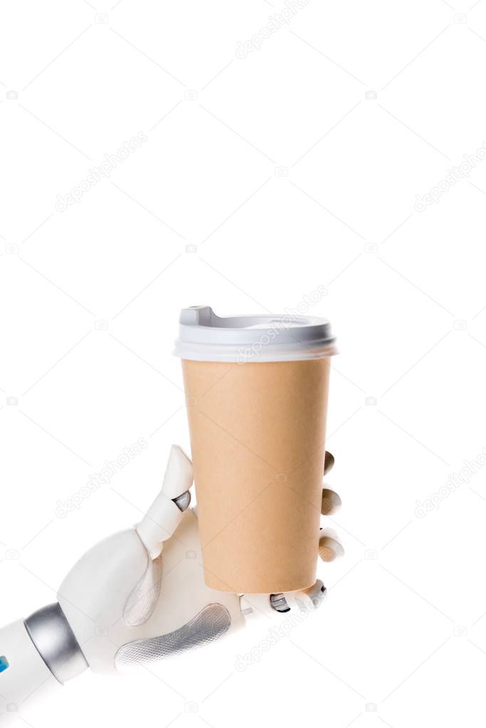 robot hand holding disposable coffee cup isolated on white