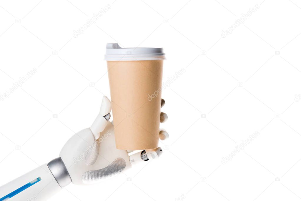 robot hand holding coffee in paper cup isolated on white