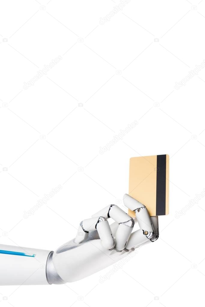 cropped image of robot holding credit card in hand isolated on white