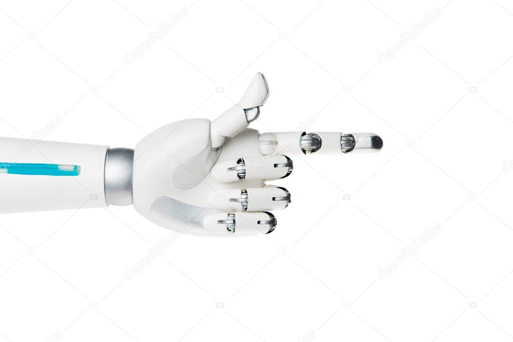 robot hand pointing on something isolated on white