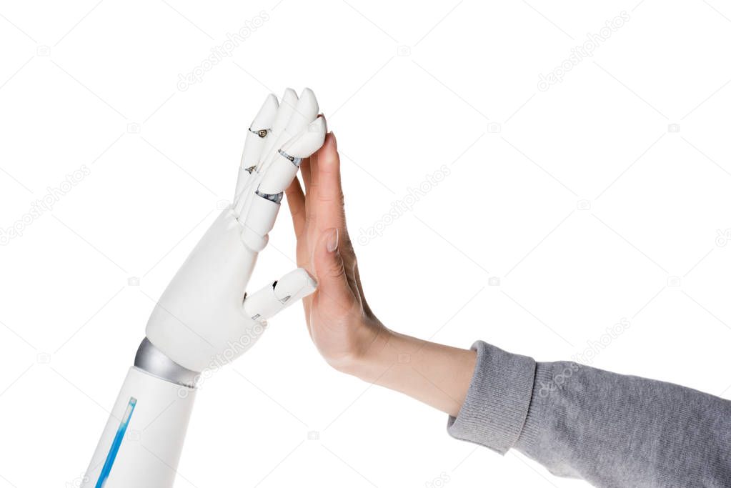 cropped shot of robot and human making high five isolated on white