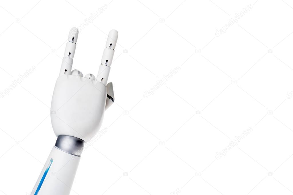 cropped shot of robot showing rock gesture isolated on white