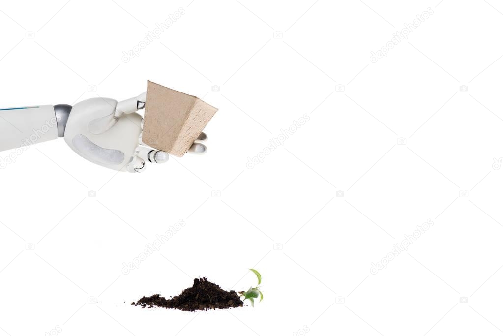 cropped shot of robot holding pot and heap of ground with plant spilled on floor isolated on white