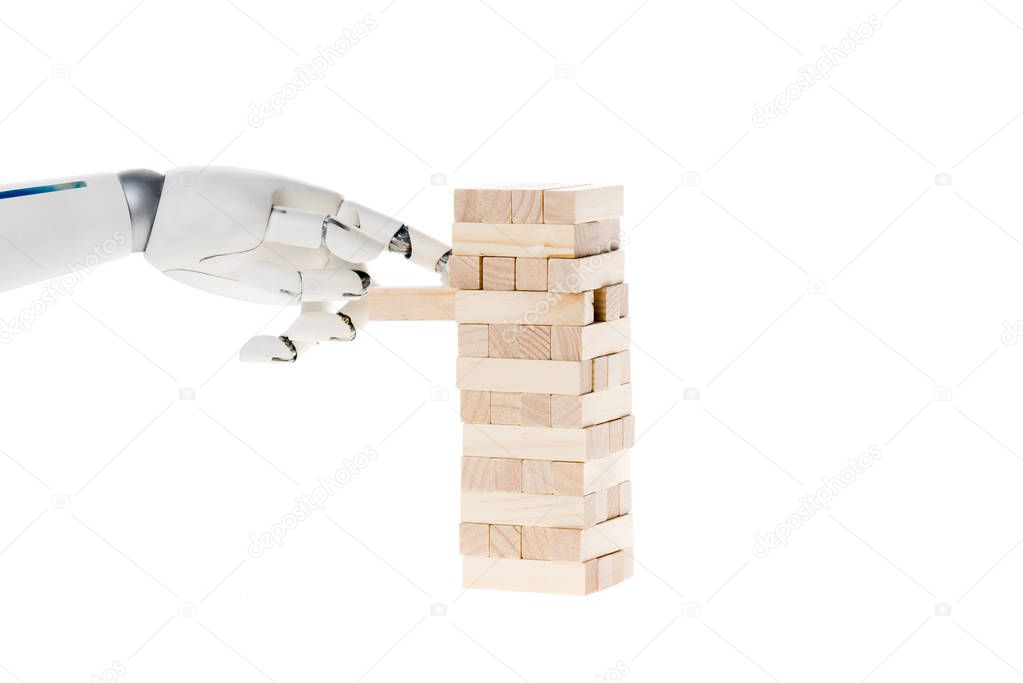 cropped shot of robot deconstructing blocks tower isolated on white