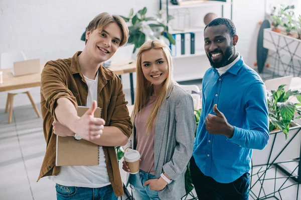 High Angle View Happy Multiethnic Businesspeople Thumbs Coffee Modern Office Stock Photo