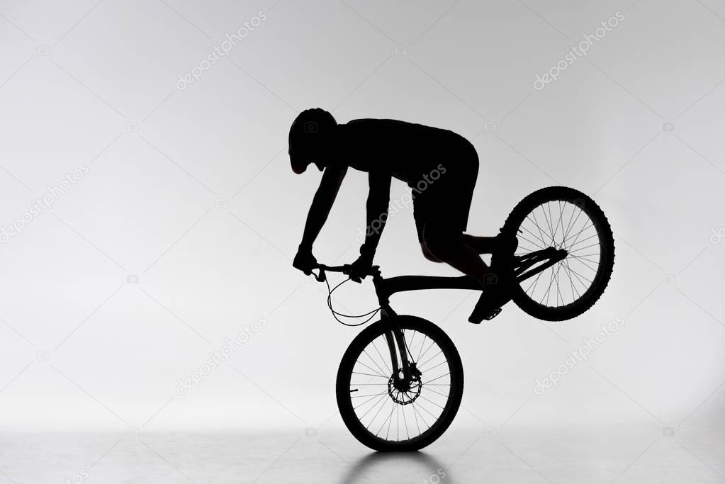 silhouette of trial cyclist performing front wheel stand on white