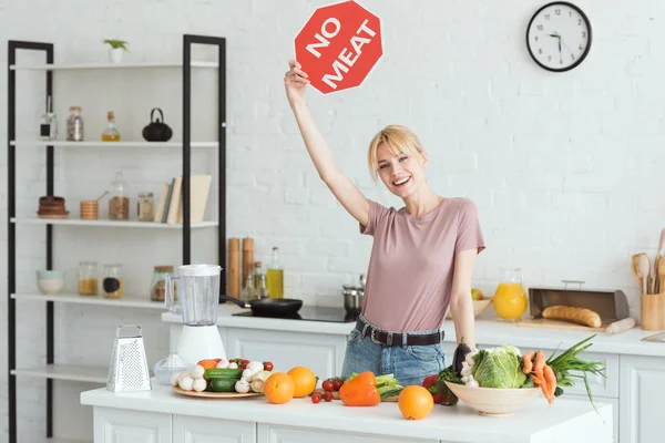 Attractive Vegan Girl Showing Meat Sign Kitchen — Stock Photo, Image