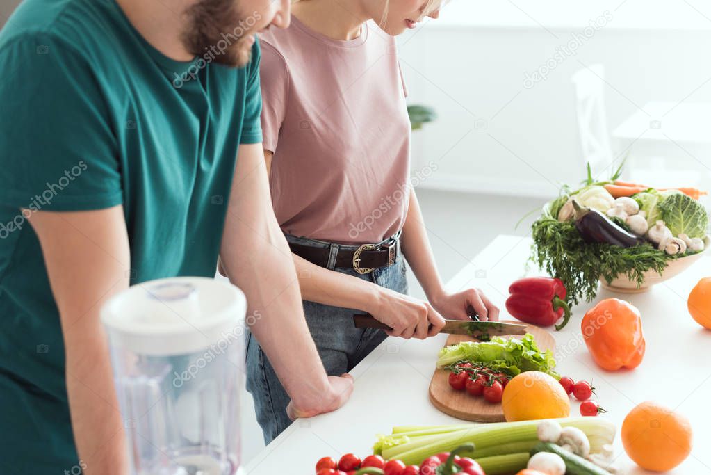 cropped image of vegan girlfriend cutting vegetables at kitchen