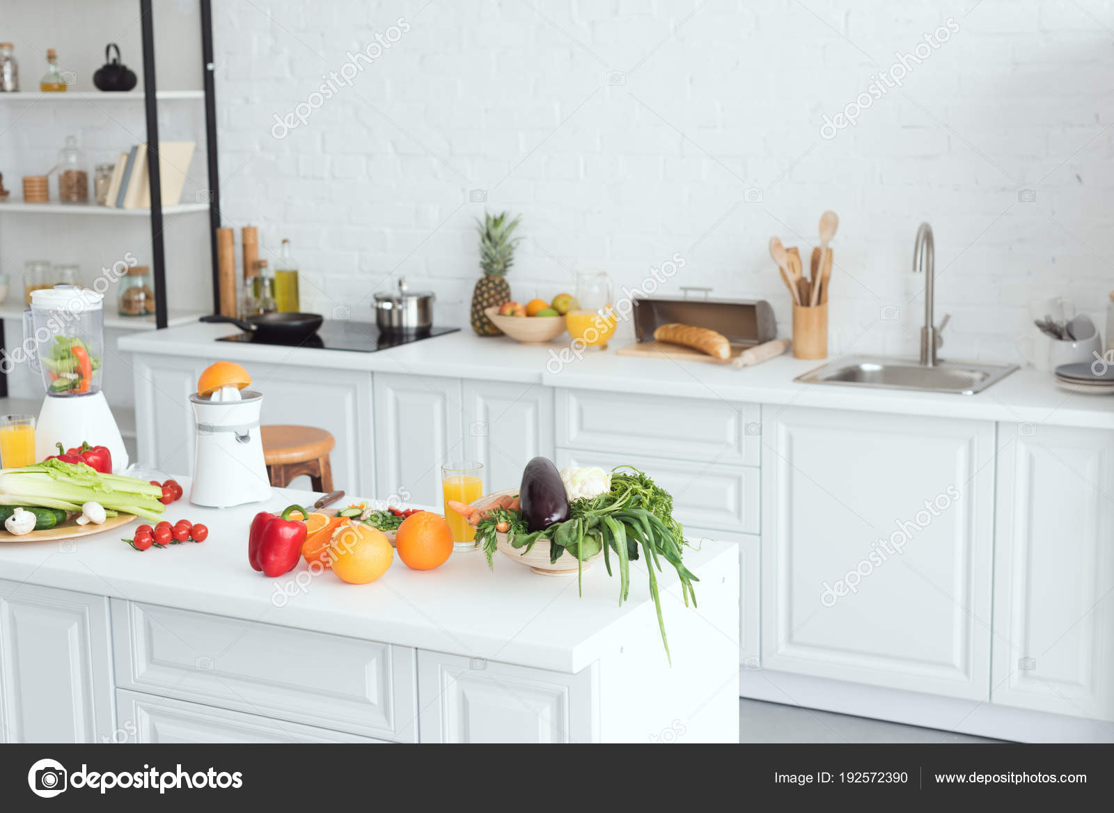 Interior White Modern Kitchen Fruits Vegetables Kitchen Counter — Stock