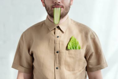 adamın cebinde, vegan yaşam tarzı kavramı ağız ve savoy lahana yaprağı salatalık dilimi ile kısmi görünümü 