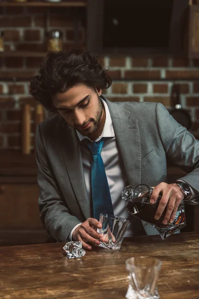 Young Man Suit Pouring Whisky Glass — Stock Photo, Image