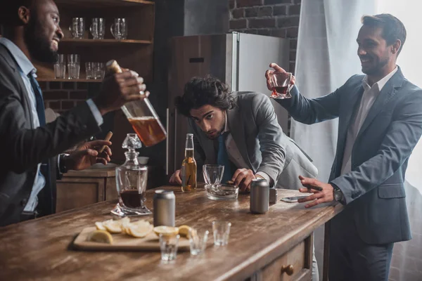 Drunk Male Friends Formal Wear Drinking Alcoholic Beverages Partying Together — Stock Photo, Image