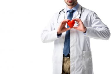 Kalp üzerinde beyaz izole stetoskop ile Beyaz önlük giyen doktorun elinde yakından görmek