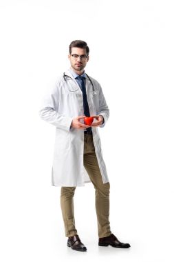 Stetoskop ile beyaz ceket giyiyor ve üzerinde beyaz izole oyuncak kalp tutan genç doktor