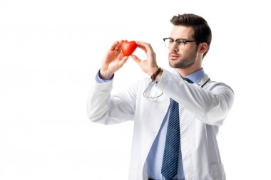 Stetoskop ile Beyaz önlük giymiş ve elinde oyuncak kalp üzerinde beyaz izole konsantre kardiyolog