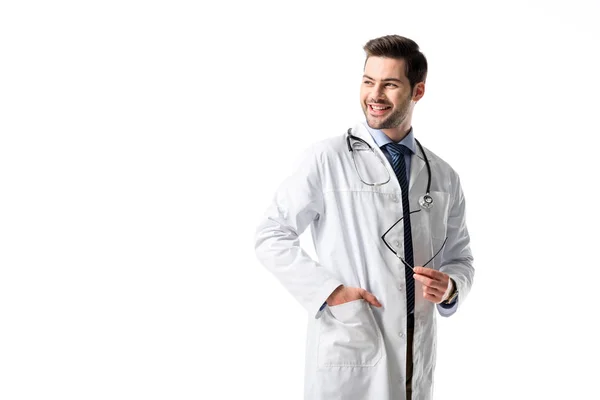 Smiling Pediatrician Wearing White Coat Stethoscope Isolated White — Stock Photo, Image