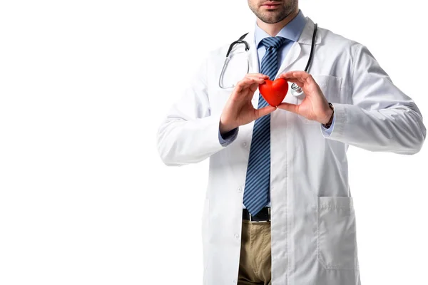 Close View Heart Hands Doctor Wearing White Coat Stethoscope Isolated — Stock Photo, Image