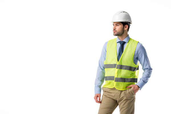Confident architect in reflective vest isolated on white