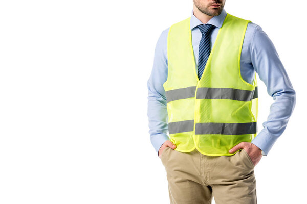 Cropped view of bearded builder in reflective vest isolated on white