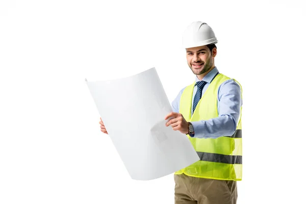 Smiling Builder Reflective Vest Hardhat Looking Blueprint Isolated White — Stock Photo, Image