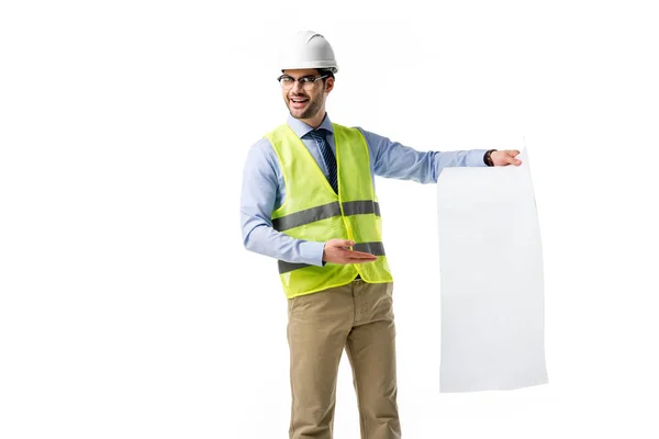 Architect Reflective Vest Hardhat Presenting Blank Blueprint Isolated White — Stock Photo, Image
